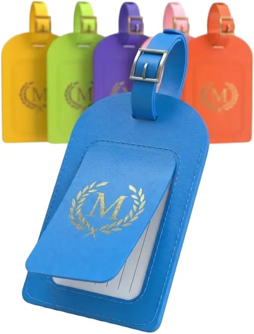 Luggage Tags for Suitcases 6 Pack PU Leather Travel Bag Tags with Privacy Cover & Stainless Steel Buckle, Vegan Leather Name ID Labels for Travel Bags, Cruise, Airline, Backpack, Baggage Identifier(M)
