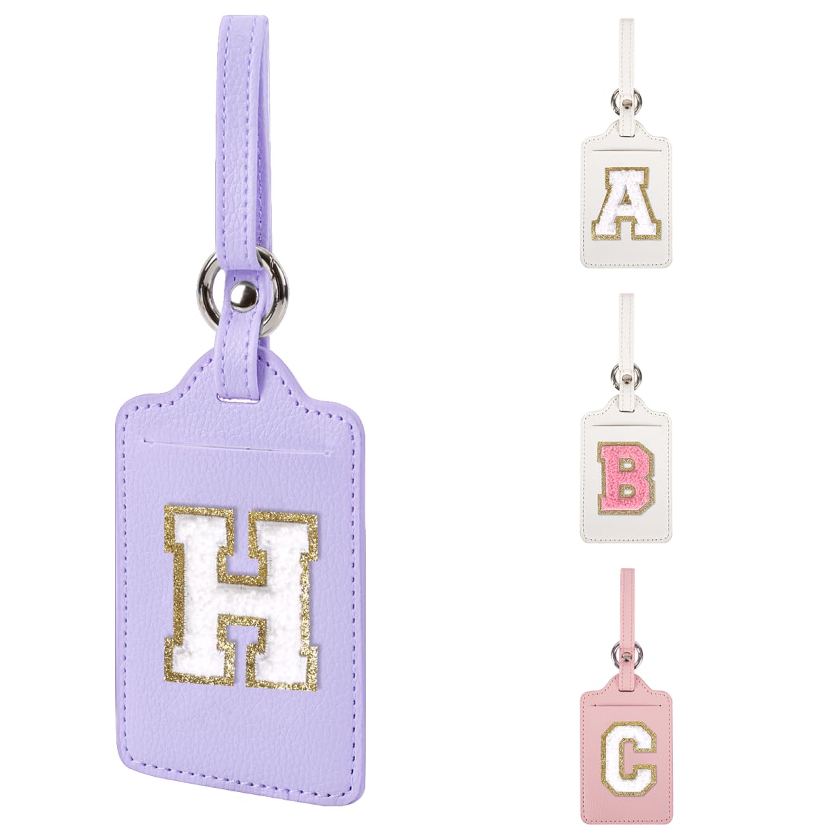 Personalized Initial Luggage Tags for Suitcases, Leather Chenille Letter Cute Luggage Tags with Privacy Name Card, Embroidered Travel Bag Backpack Tag Gifts for Women Kids Girls Teens(Pink-M)