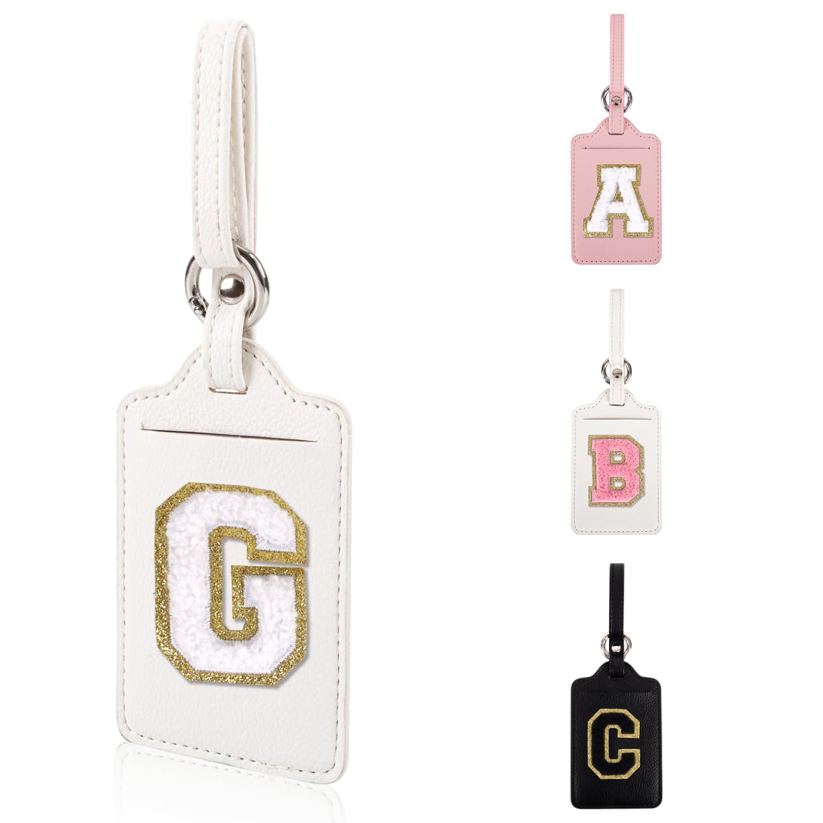 Personalized Initial Luggage Tags for Suitcases, Leather Chenille Letter Cute Luggage Tags with Privacy Name Card, Embroidered Travel Bag Backpack Tag Gifts for Women Kids Girls Teens(Pink-M)