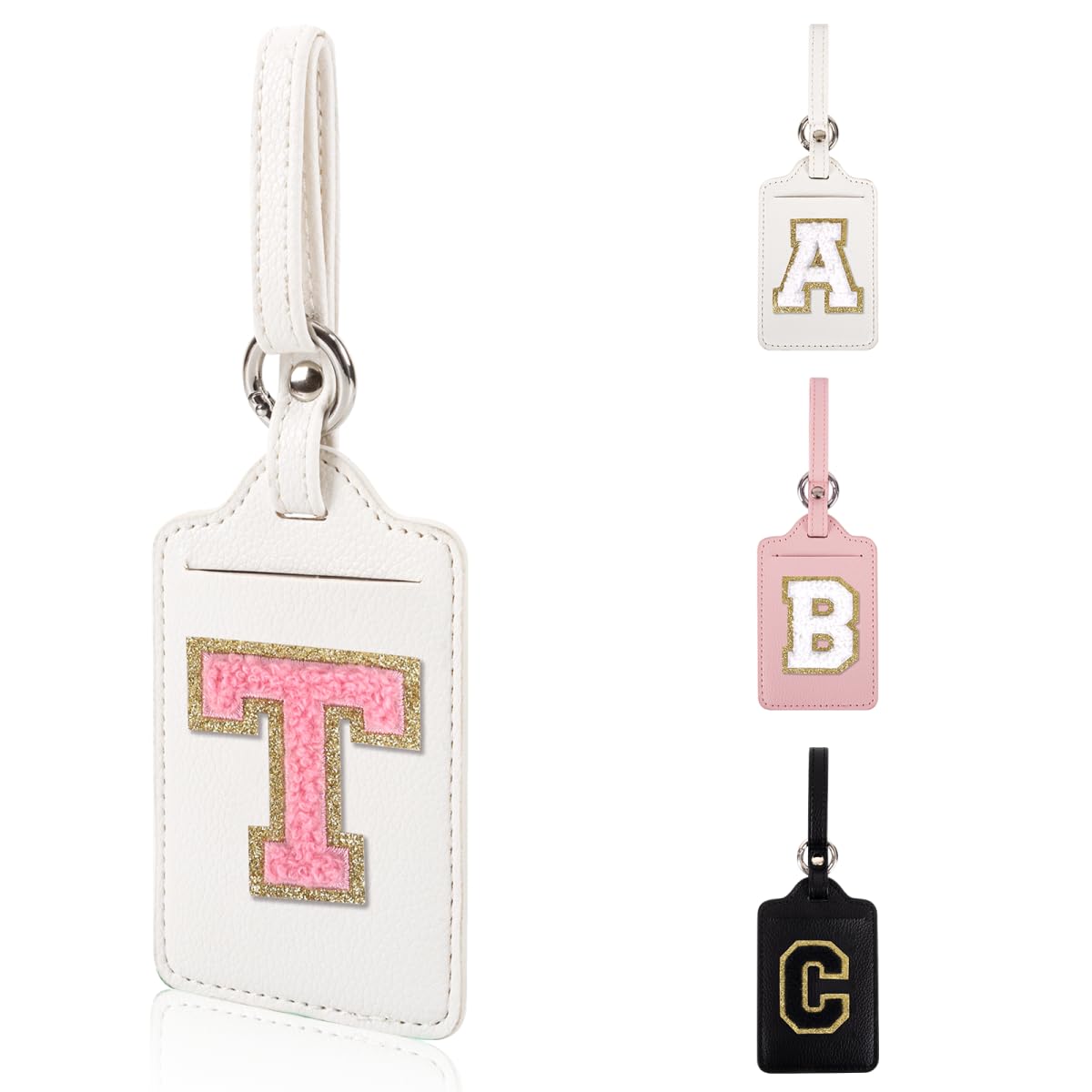 Personalized Initial Luggage Tags for Suitcases, Leather Chenille Letter Cute Luggage Tags with Privacy Name Card, Embroidered Travel Bag Backpack Tag Gifts for Women Kids Girls Teens(Pink-M)