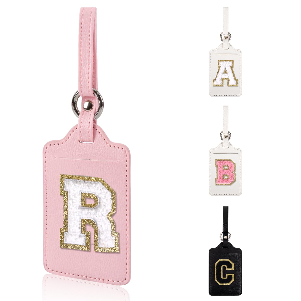 Personalized Initial Luggage Tags for Suitcases, Leather Chenille Letter Cute Luggage Tags with Privacy Name Card, Embroidered Travel Bag Backpack Tag Gifts for Women Kids Girls Teens(Pink-M)