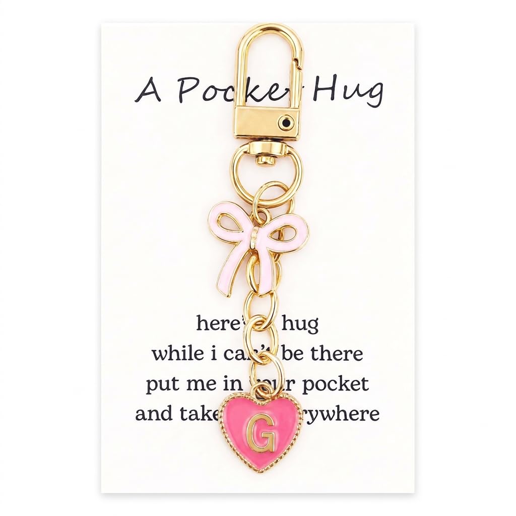 YOJO Pink Initial Letter Keychain with Enamel Bow and Heart Pendant