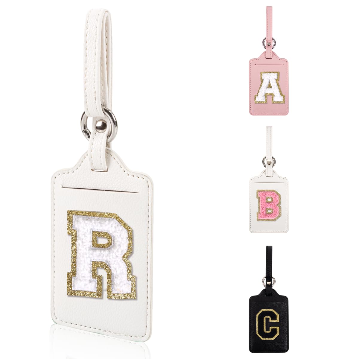 Personalized Initial Luggage Tags for Suitcases, Leather Chenille Letter Cute Luggage Tags with Privacy Name Card, Embroidered Travel Bag Backpack Tag Gifts for Women Kids Girls Teens(Pink-M)