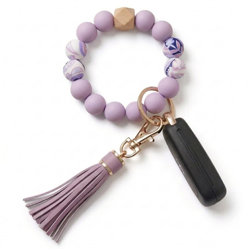BIHRTC Key Ring Bracelet Car Keychain Holder Wristlet Silicone Women Beaded Bangle Chains