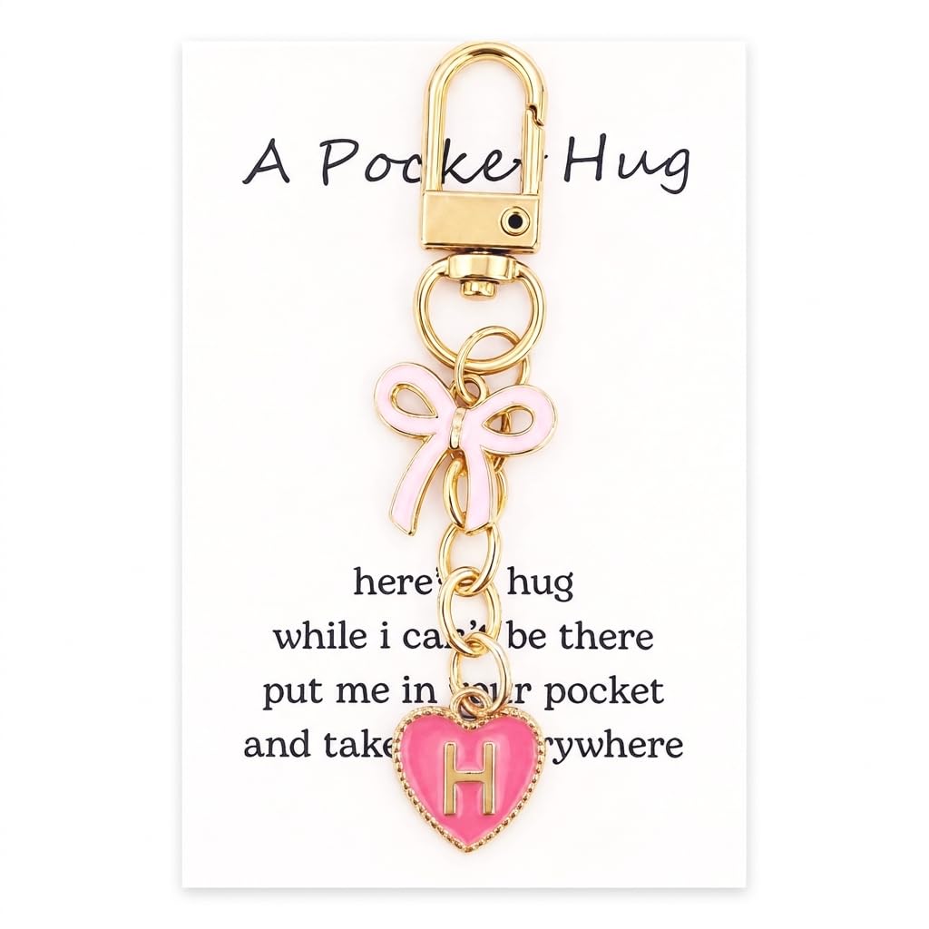 YOJO Pink Initial Letter Keychain with Enamel Bow and Heart Pendant