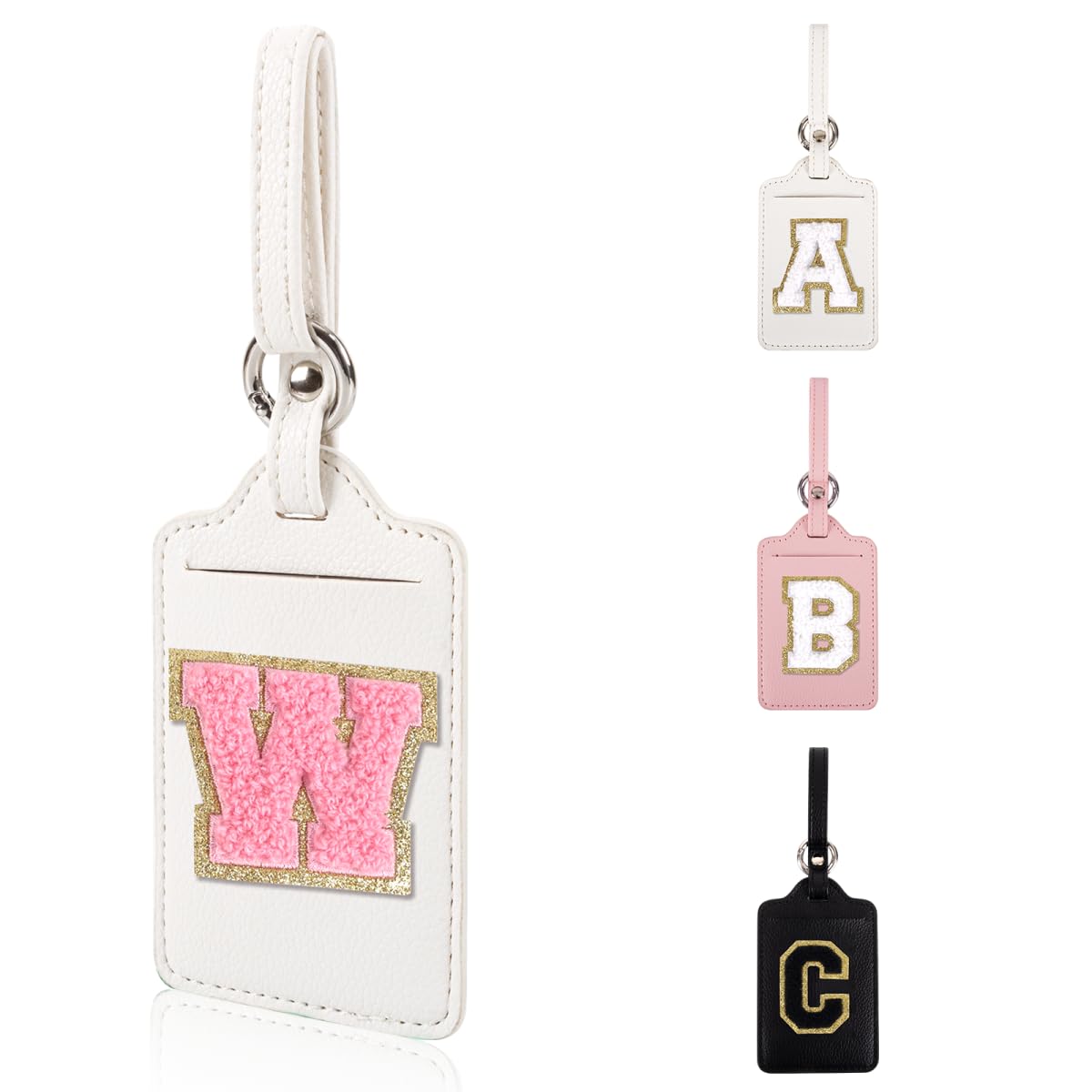 Personalized Initial Luggage Tags for Suitcases, Leather Chenille Letter Cute Luggage Tags with Privacy Name Card, Embroidered Travel Bag Backpack Tag Gifts for Women Kids Girls Teens(Pink-M)