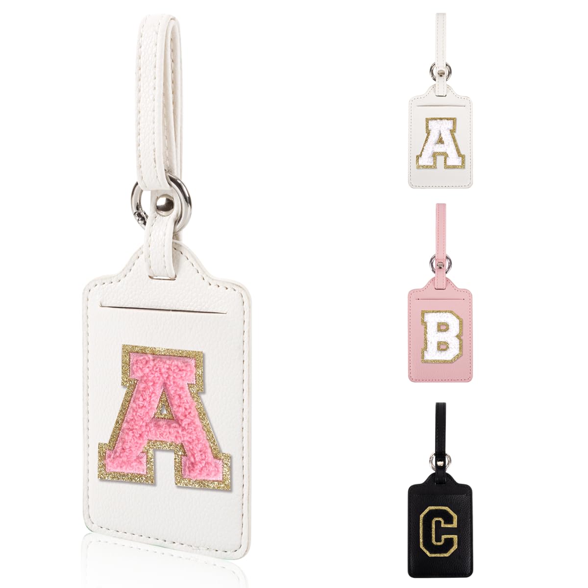 Personalized Initial Luggage Tags for Suitcases, Leather Chenille Letter Cute Luggage Tags with Privacy Name Card, Embroidered Travel Bag Backpack Tag Gifts for Women Kids Girls Teens(Pink-M)