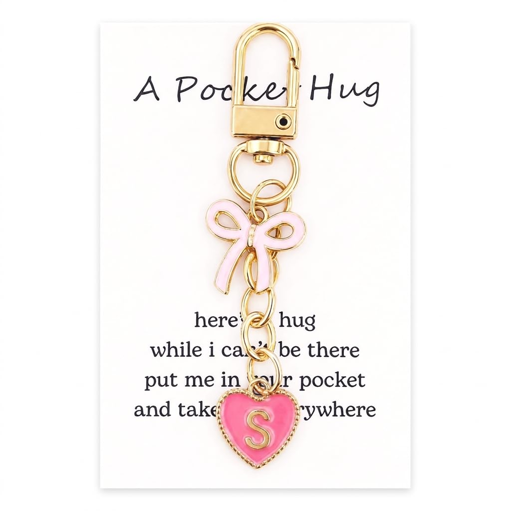 YOJO Pink Initial Letter Keychain with Enamel Bow and Heart Pendant