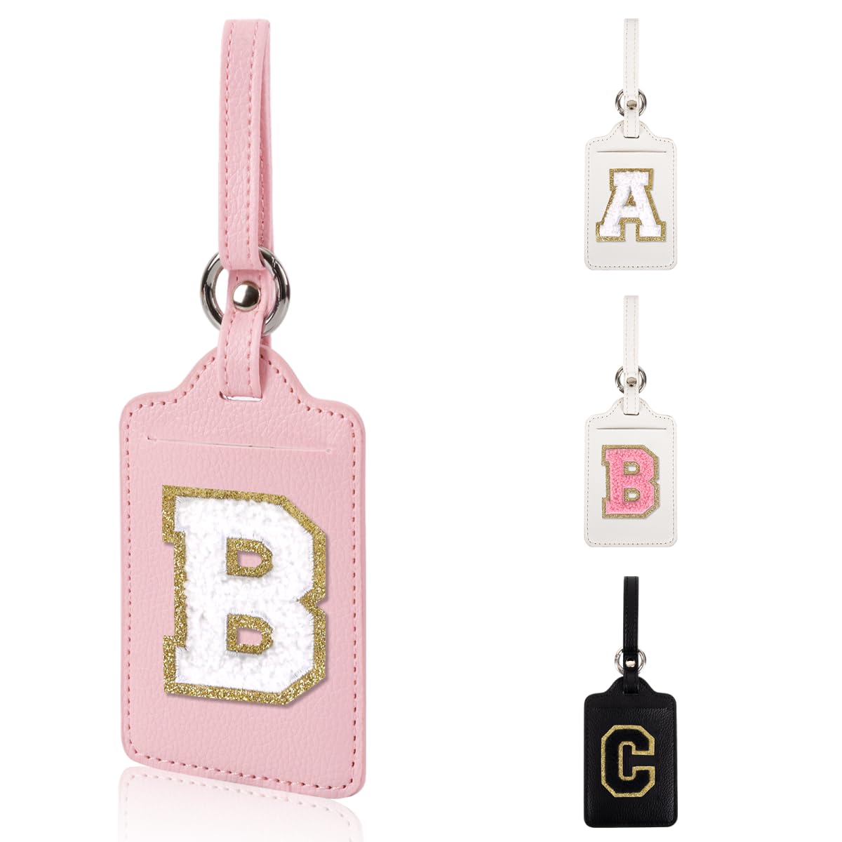 Personalized Initial Luggage Tags for Suitcases, Leather Chenille Letter Cute Luggage Tags with Privacy Name Card, Embroidered Travel Bag Backpack Tag Gifts for Women Kids Girls Teens(Pink-M)