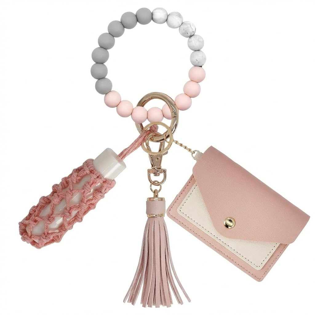 BIHRTC Silicone Key Ring Bracelets Wristlet Keychain Wallet with Net Chapstick Holder for Women