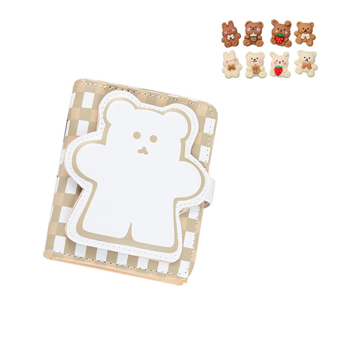 Kawaii Bear Wallet Cute Cartoon Card Holder Girls Coin Purse Anime Key Bag Card Case Front Pocket Wallet (Beige-1)