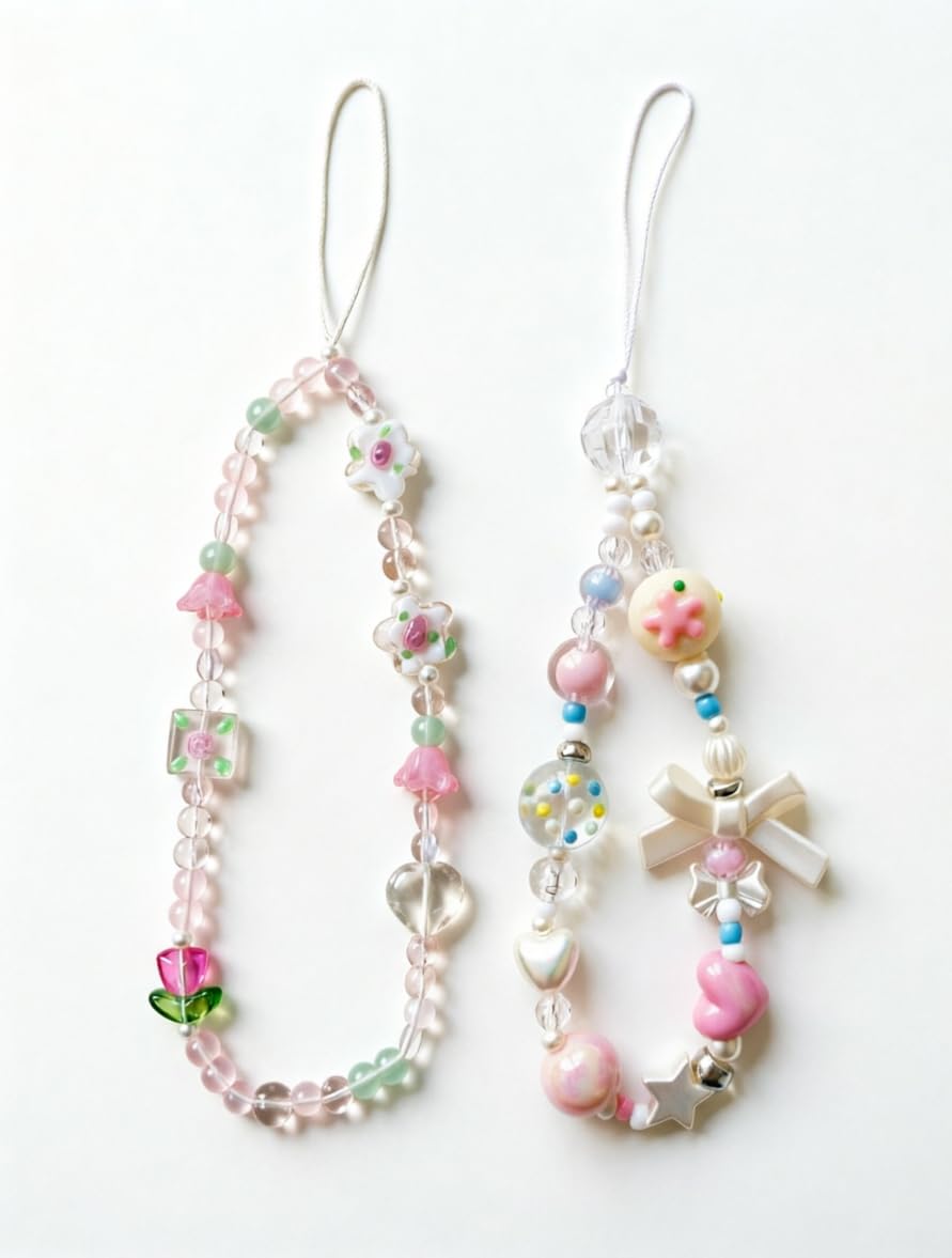 2 Pcs Phone Charm Strap Universal Hand Phone Wrist Strap Camera Lanyard Pearl Beaded Cute Chain String Accessories Universal for iPhone 16 Pro Max Samsung Women Girls Phones Bag Keychain Beach Style