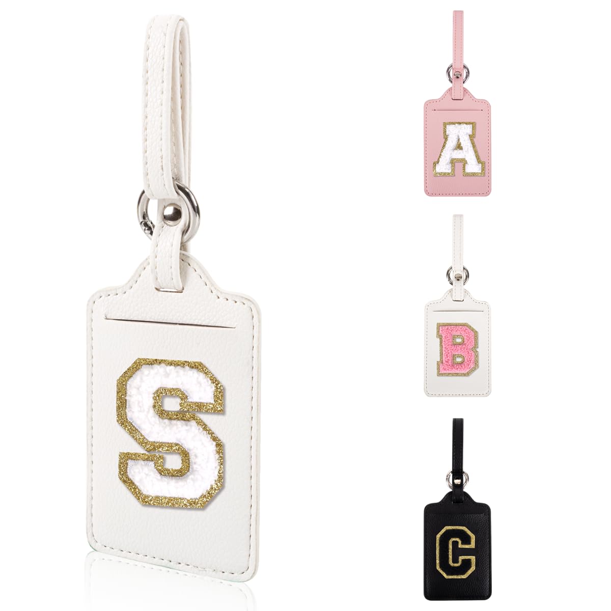 Personalized Initial Luggage Tags for Suitcases, Leather Chenille Letter Cute Luggage Tags with Privacy Name Card, Embroidered Travel Bag Backpack Tag Gifts for Women Kids Girls Teens(Pink-M)