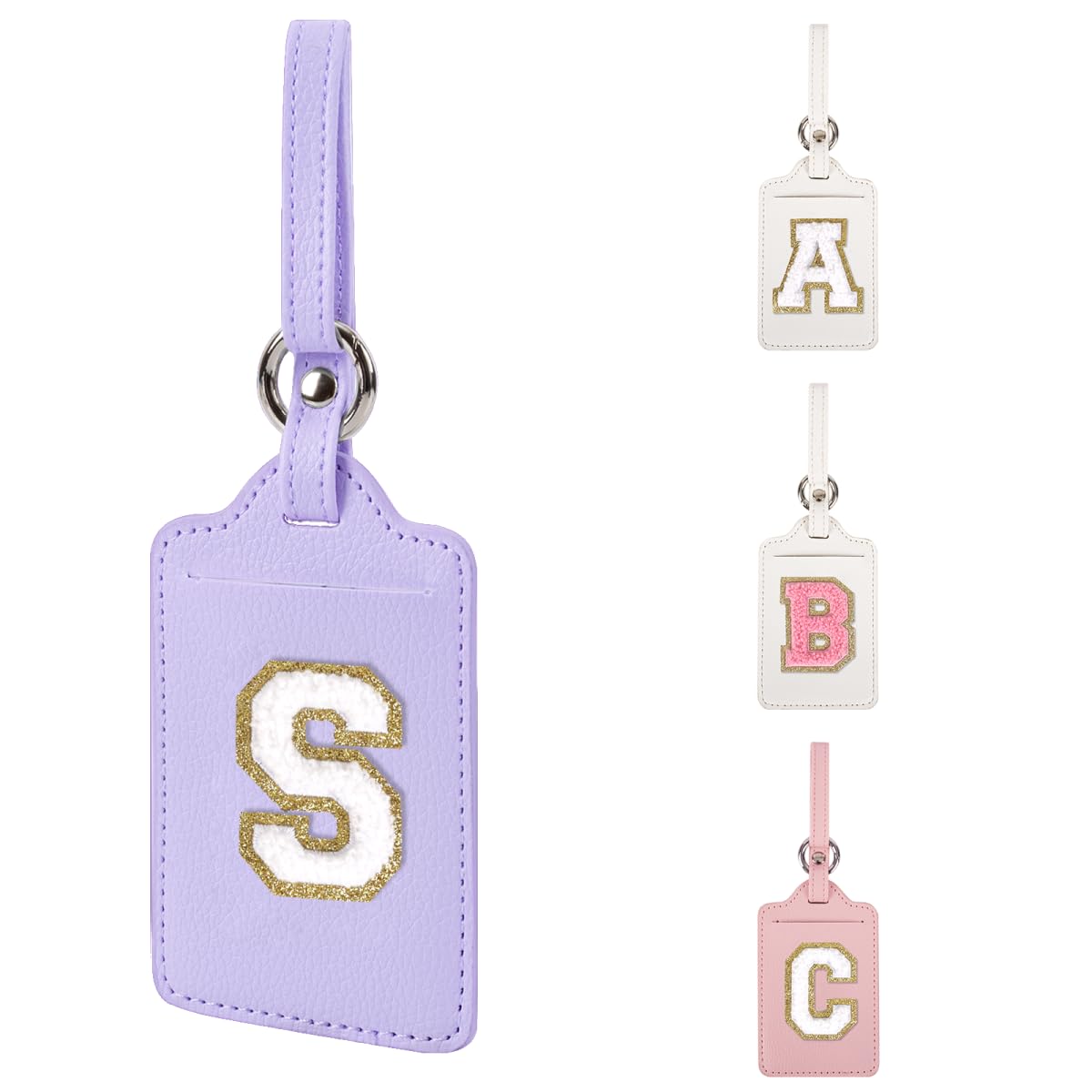 Personalized Initial Luggage Tags for Suitcases, Leather Chenille Letter Cute Luggage Tags with Privacy Name Card, Embroidered Travel Bag Backpack Tag Gifts for Women Kids Girls Teens(Pink-M)
