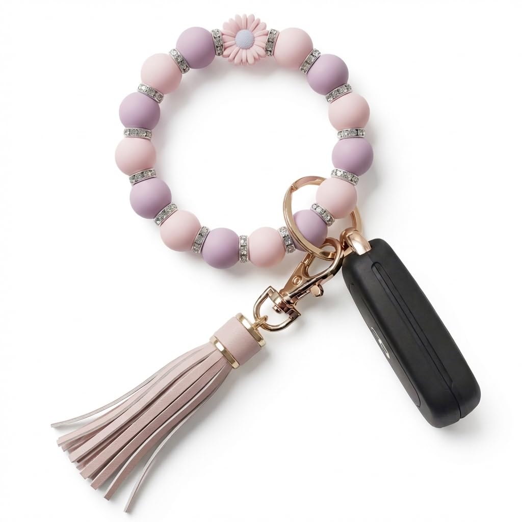 BIHRTC Key Ring Bracelet Car Keychain Holder Wristlet Silicone Women Beaded Bangle Chains