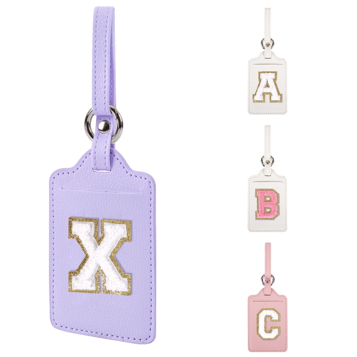 Personalized Initial Luggage Tags for Suitcases, Leather Chenille Letter Cute Luggage Tags with Privacy Name Card, Embroidered Travel Bag Backpack Tag Gifts for Women Kids Girls Teens(Pink-M)