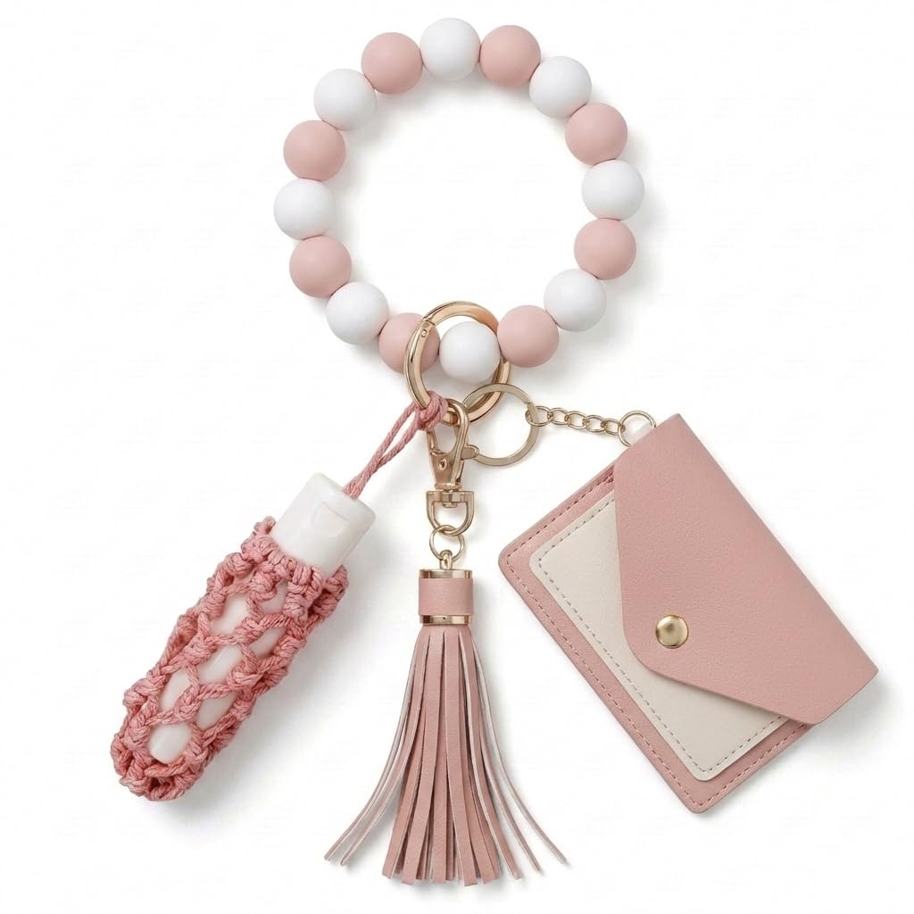 BIHRTC Silicone Key Ring Bracelets Wristlet Keychain Wallet with Net Chapstick Holder for Women