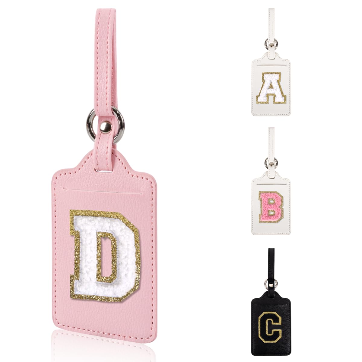 Personalized Initial Luggage Tags for Suitcases, Leather Chenille Letter Cute Luggage Tags with Privacy Name Card, Embroidered Travel Bag Backpack Tag Gifts for Women Kids Girls Teens(Pink-M)