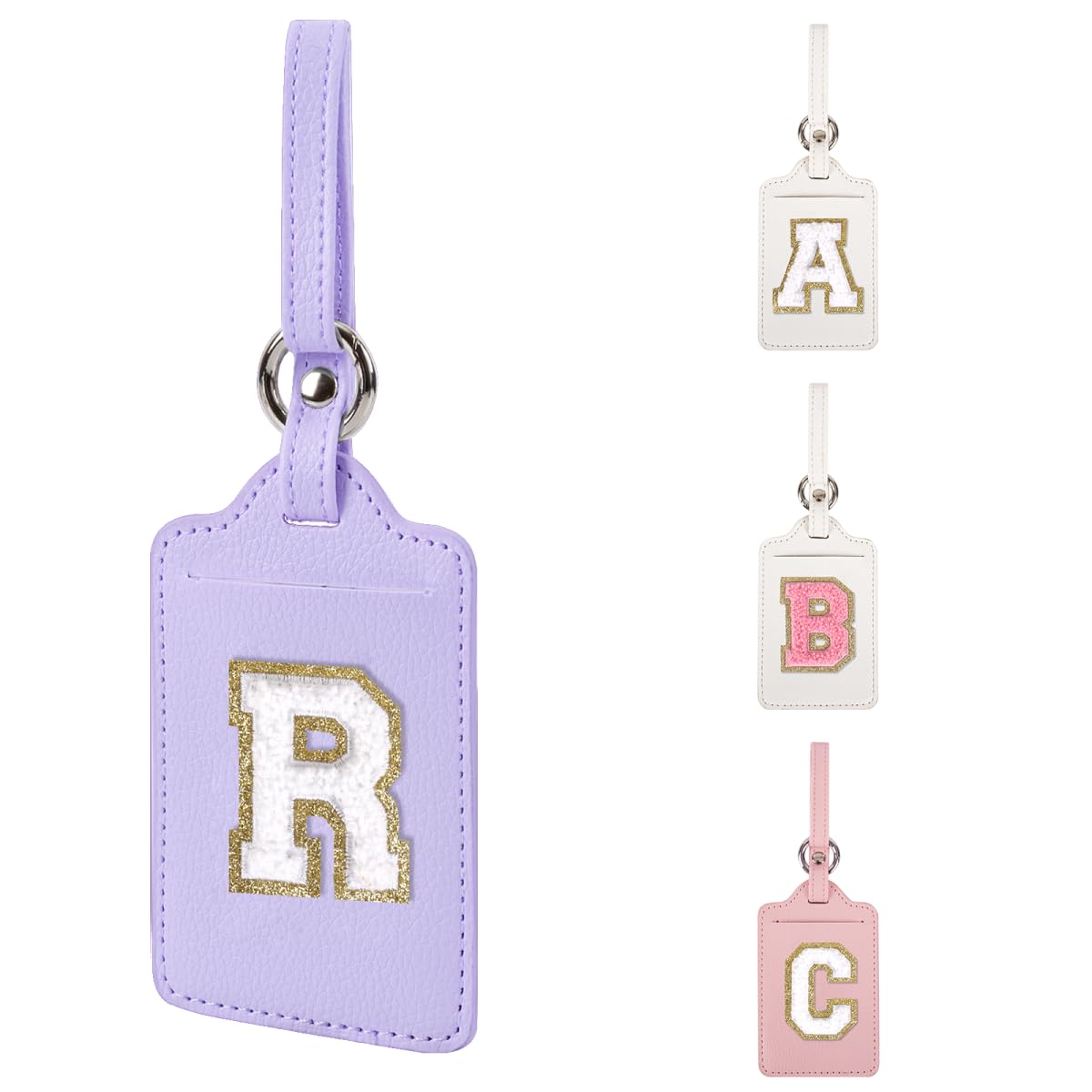 Personalized Initial Luggage Tags for Suitcases, Leather Chenille Letter Cute Luggage Tags with Privacy Name Card, Embroidered Travel Bag Backpack Tag Gifts for Women Kids Girls Teens(Pink-M)