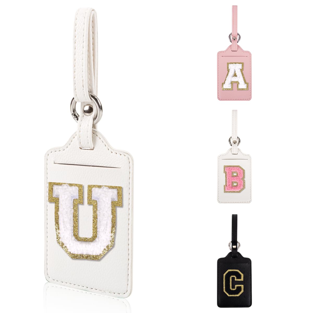 Personalized Initial Luggage Tags for Suitcases, Leather Chenille Letter Cute Luggage Tags with Privacy Name Card, Embroidered Travel Bag Backpack Tag Gifts for Women Kids Girls Teens(Pink-M)