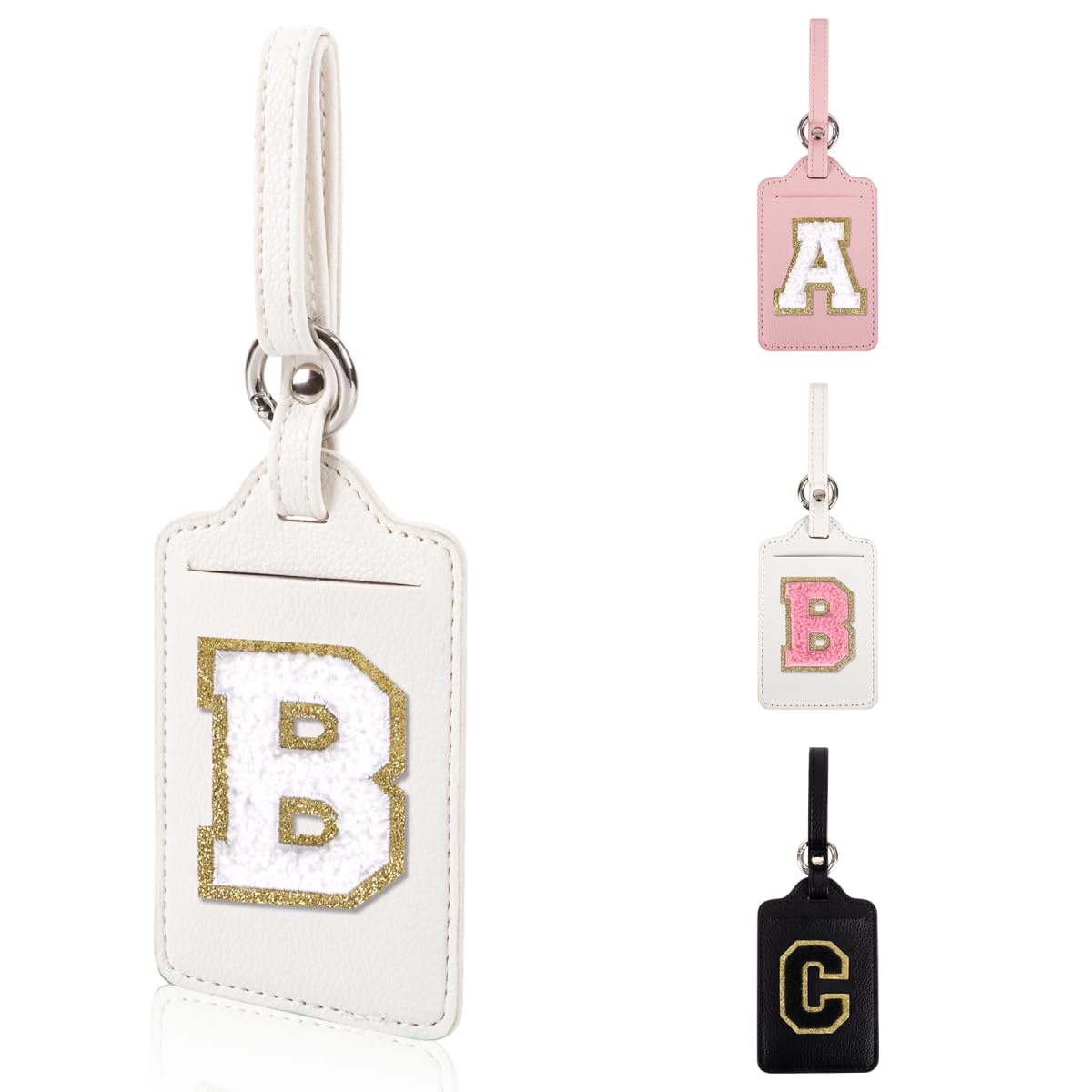 Personalized Initial Luggage Tags for Suitcases, Leather Chenille Letter Cute Luggage Tags with Privacy Name Card, Embroidered Travel Bag Backpack Tag Gifts for Women Kids Girls Teens(Pink-M)