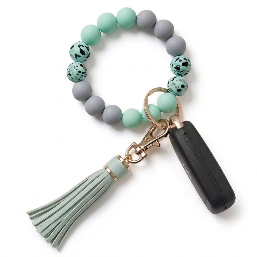 BIHRTC Key Ring Bracelet Car Keychain Holder Wristlet Silicone Women Beaded Bangle Chains