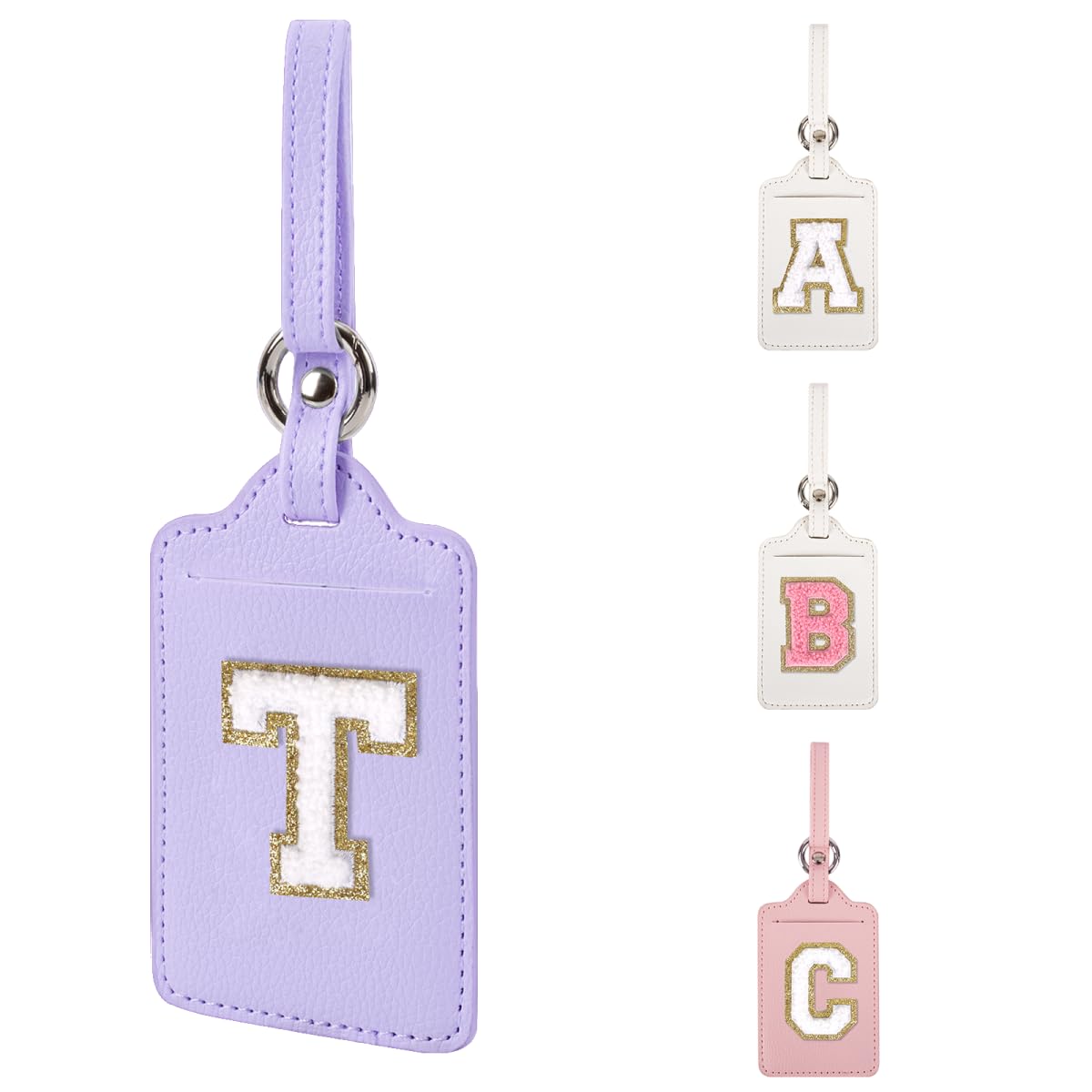 Personalized Initial Luggage Tags for Suitcases, Leather Chenille Letter Cute Luggage Tags with Privacy Name Card, Embroidered Travel Bag Backpack Tag Gifts for Women Kids Girls Teens(Pink-M)