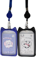 2 Pack Cat Ear ID Badge Holder with Flat Neck Lanyard, Cute Cartoon Card Case for Nurse Student Women School Office (Black & Dark Blue)
