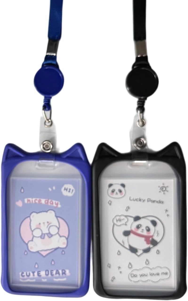 2 Pack Cat Ear ID Badge Holder with Flat Neck Lanyard, Cute Cartoon Card Case for Nurse Student Women School Office (Black & Dark Blue)