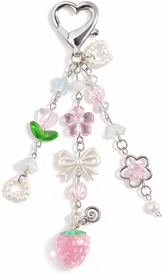 Cute Strawberry Keychain, Pink Aesthetic Bag Charm for Backpack