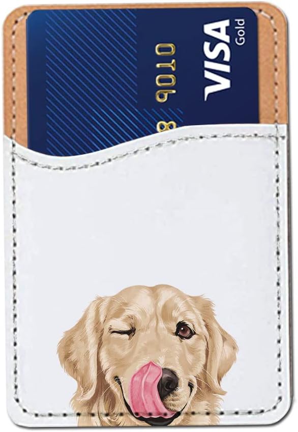 FINCIBO PU Leather Self-Adhesive Universal Credit Card Holder Wallet for All Smart Mobile Cell Phones - Winking Golden Retriever