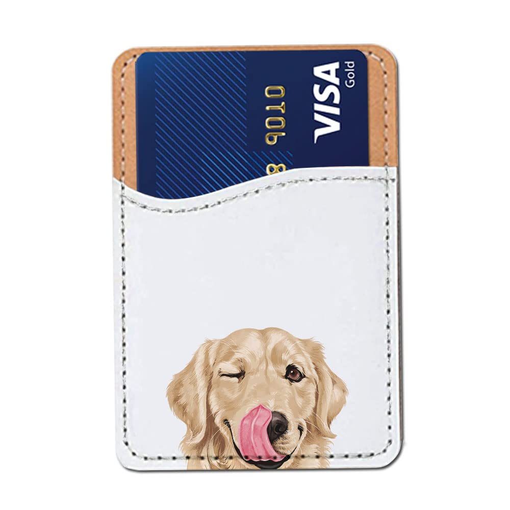 FINCIBO PU Leather Self-Adhesive Universal Credit Card Holder Wallet for All Smart Mobile Cell Phones - Winking Golden Retriever