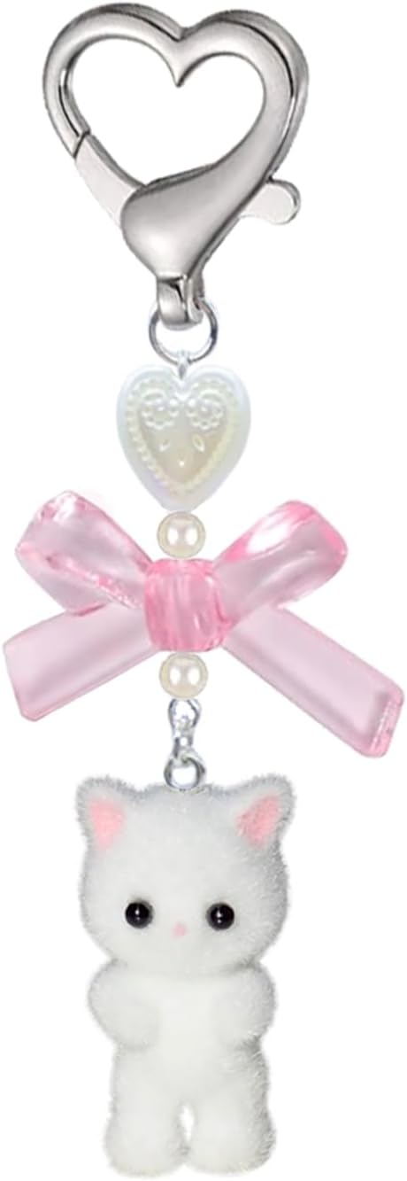 Agromusk Cute Kitty Keychain, Fuzzy Cat Decor Gifts, Y2K Heart Bow Pendent Women Girls Kawaii Cat Bag Charm