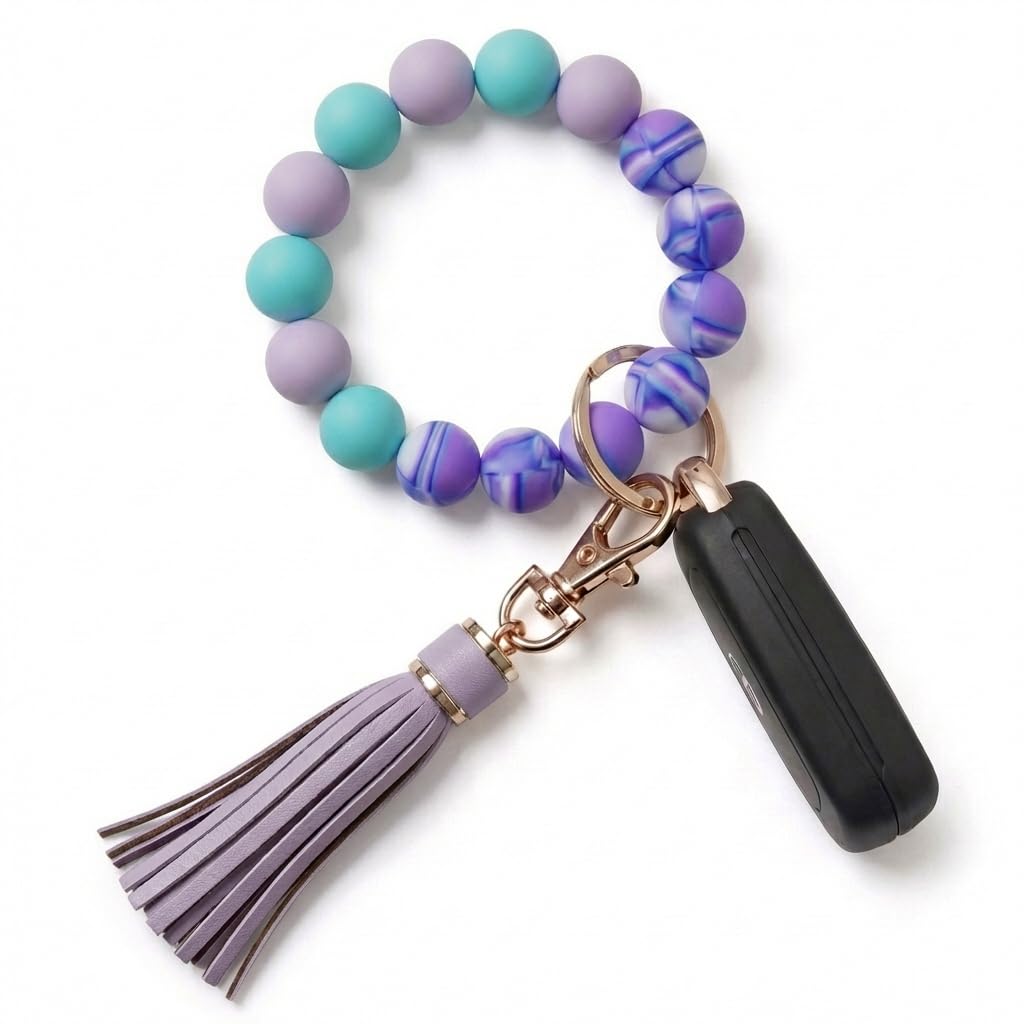 BIHRTC Key Ring Bracelet Car Keychain Holder Wristlet Silicone Women Beaded Bangle Chains