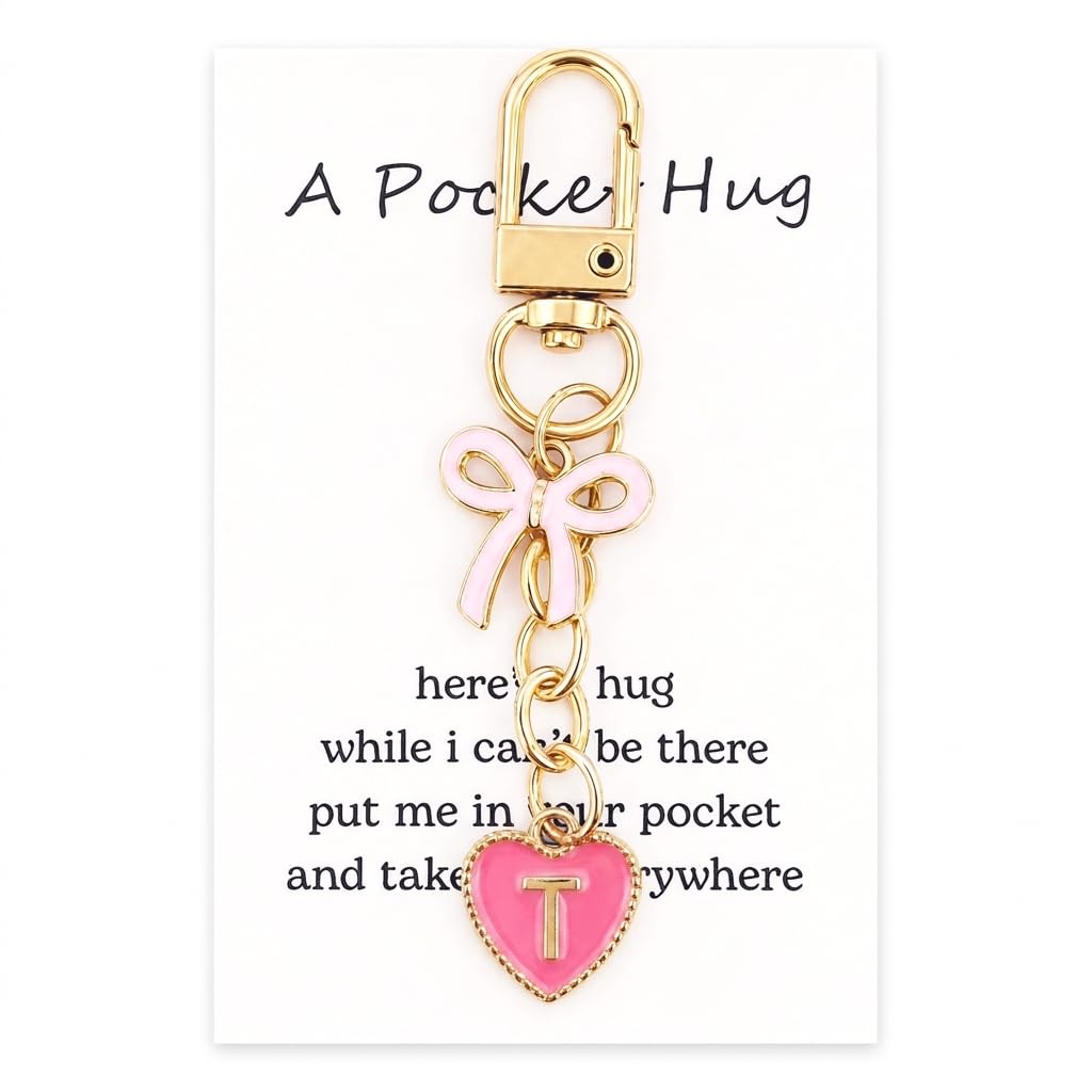 YOJO Pink Initial Letter Keychain with Enamel Bow and Heart Pendant