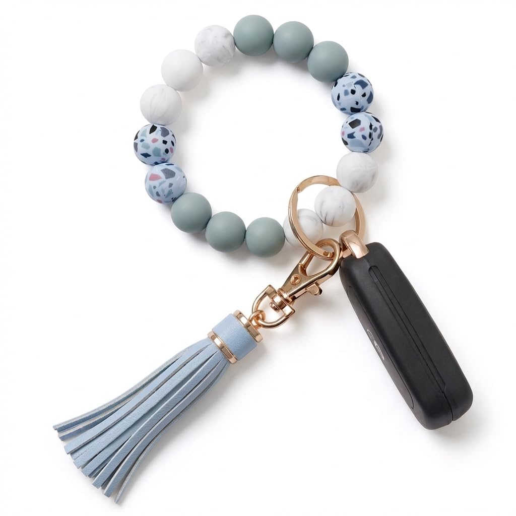 BIHRTC Key Ring Bracelet Car Keychain Holder Wristlet Silicone Women Beaded Bangle Chains
