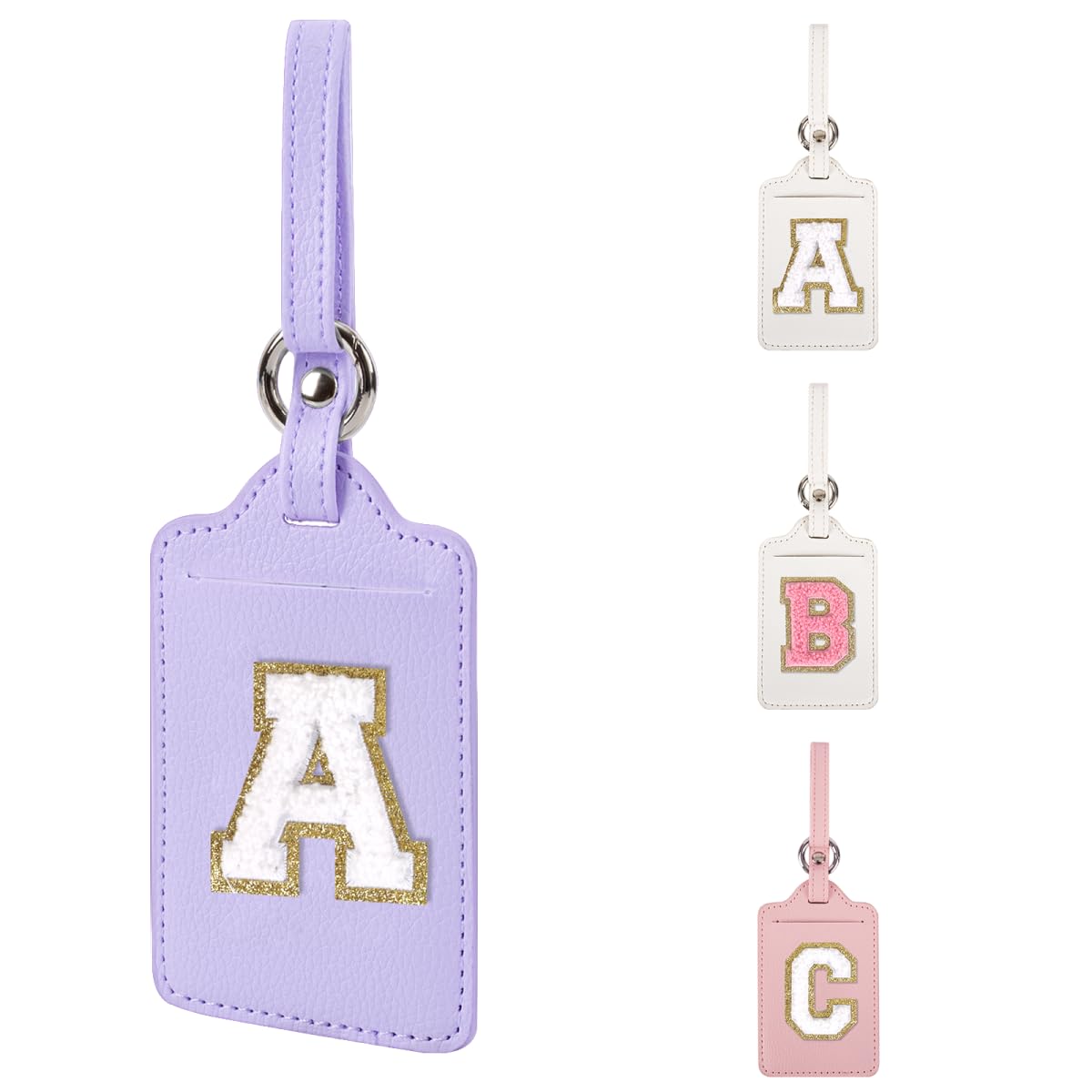 Personalized Initial Luggage Tags for Suitcases, Leather Chenille Letter Cute Luggage Tags with Privacy Name Card, Embroidered Travel Bag Backpack Tag Gifts for Women Kids Girls Teens(Pink-M)