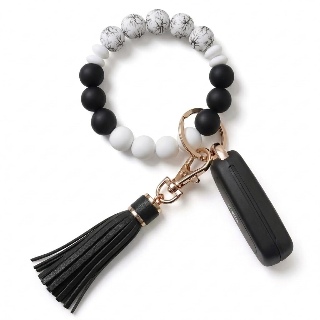 BIHRTC Key Ring Bracelet Car Keychain Holder Wristlet Silicone Women Beaded Bangle Chains