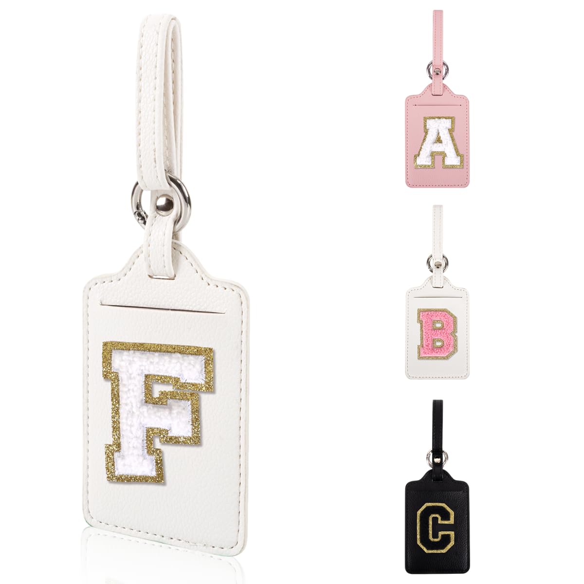 Personalized Initial Luggage Tags for Suitcases, Leather Chenille Letter Cute Luggage Tags with Privacy Name Card, Embroidered Travel Bag Backpack Tag Gifts for Women Kids Girls Teens(Pink-M)