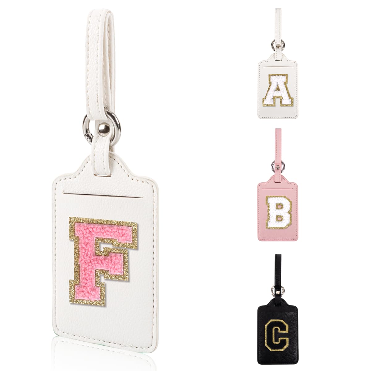 Personalized Initial Luggage Tags for Suitcases, Leather Chenille Letter Cute Luggage Tags with Privacy Name Card, Embroidered Travel Bag Backpack Tag Gifts for Women Kids Girls Teens(Pink-M)