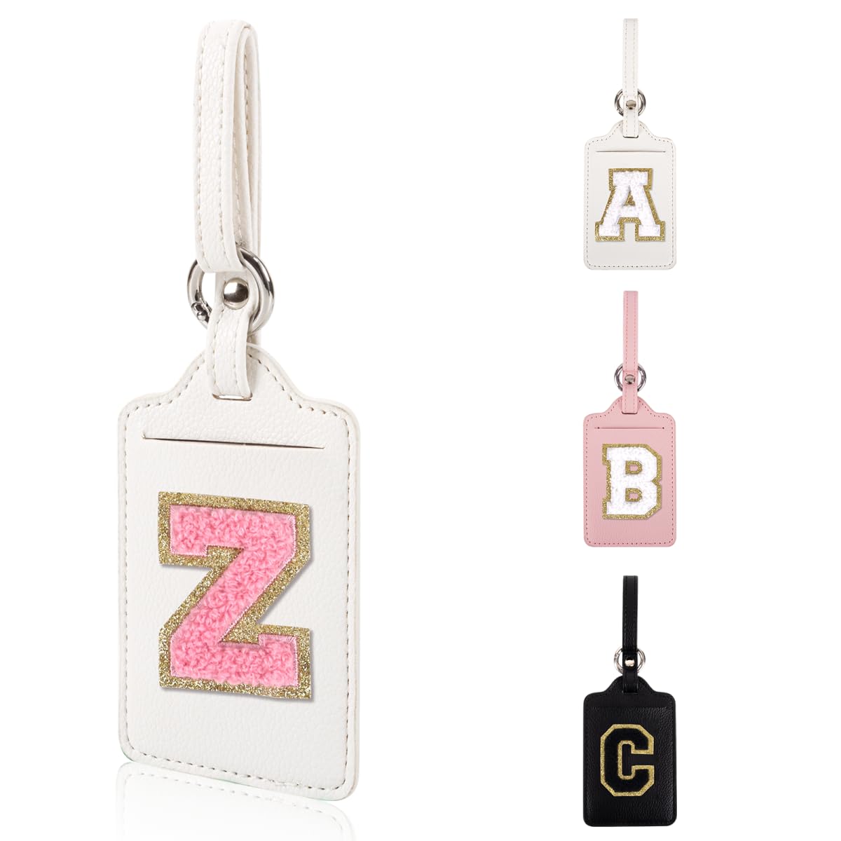 Personalized Initial Luggage Tags for Suitcases, Leather Chenille Letter Cute Luggage Tags with Privacy Name Card, Embroidered Travel Bag Backpack Tag Gifts for Women Kids Girls Teens(Pink-M)