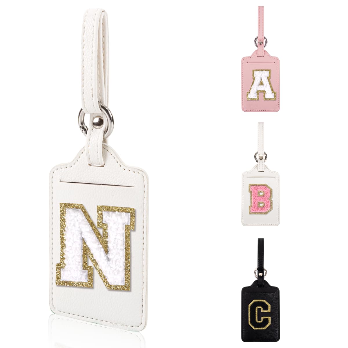 Personalized Initial Luggage Tags for Suitcases, Leather Chenille Letter Cute Luggage Tags with Privacy Name Card, Embroidered Travel Bag Backpack Tag Gifts for Women Kids Girls Teens(Pink-M)