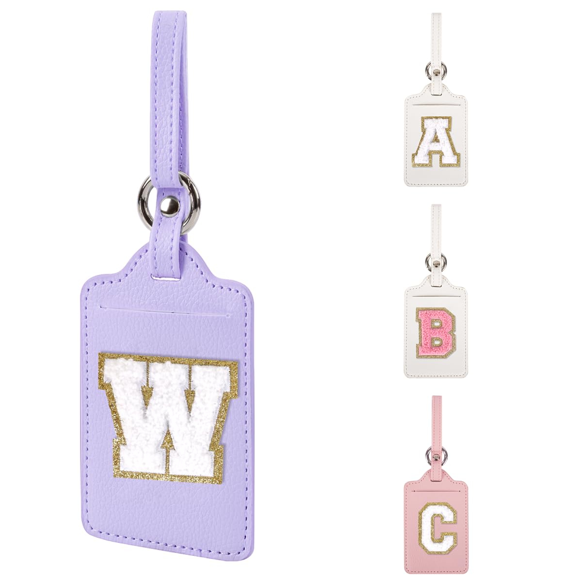 Personalized Initial Luggage Tags for Suitcases, Leather Chenille Letter Cute Luggage Tags with Privacy Name Card, Embroidered Travel Bag Backpack Tag Gifts for Women Kids Girls Teens(Pink-M)