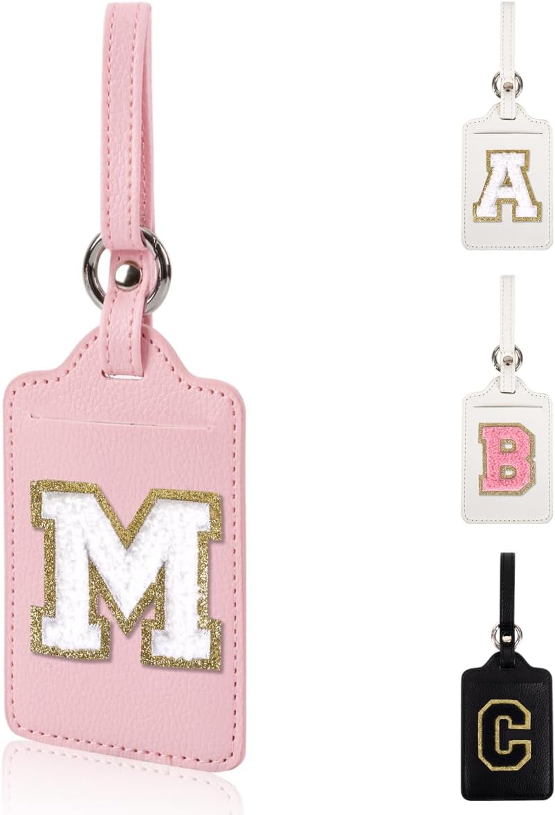 Personalized Initial Luggage Tags for Suitcases, Leather Chenille Letter Cute Luggage Tags with Privacy Name Card, Embroidered Travel Bag Backpack Tag Gifts for Women Kids Girls Teens(Pink-M)