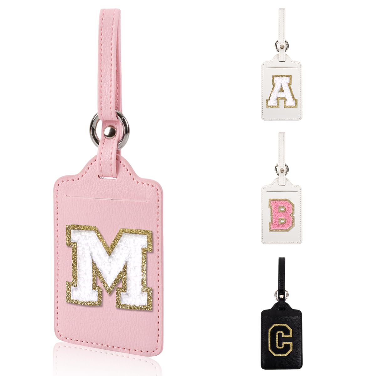 Personalized Initial Luggage Tags for Suitcases, Leather Chenille Letter Cute Luggage Tags with Privacy Name Card, Embroidered Travel Bag Backpack Tag Gifts for Women Kids Girls Teens(Pink-M)
