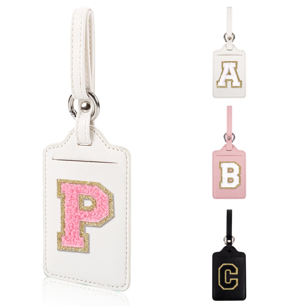 Personalized Initial Luggage Tags for Suitcases, Leather Chenille Letter Cute Luggage Tags with Privacy Name Card, Embroidered Travel Bag Backpack Tag Gifts for Women Kids Girls Teens(Pink-M)