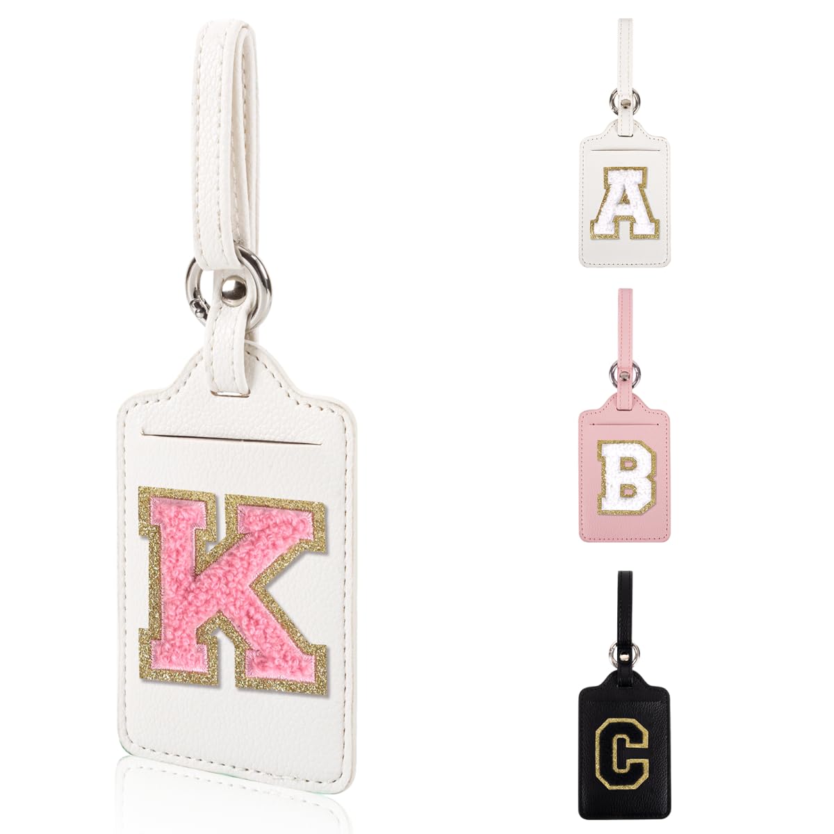 Personalized Initial Luggage Tags for Suitcases, Leather Chenille Letter Cute Luggage Tags with Privacy Name Card, Embroidered Travel Bag Backpack Tag Gifts for Women Kids Girls Teens(Pink-M)