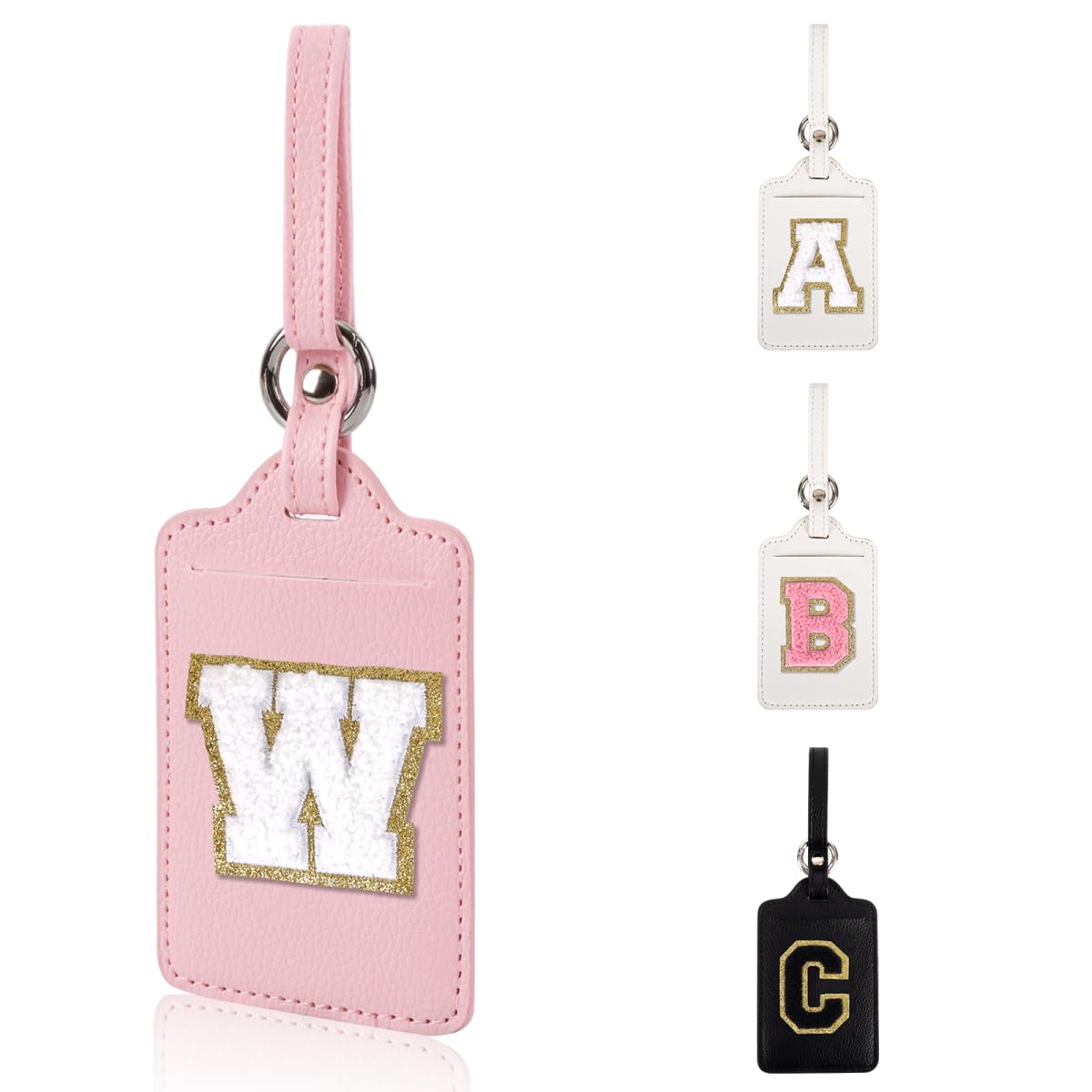 Personalized Initial Luggage Tags for Suitcases, Leather Chenille Letter Cute Luggage Tags with Privacy Name Card, Embroidered Travel Bag Backpack Tag Gifts for Women Kids Girls Teens(Pink-M)