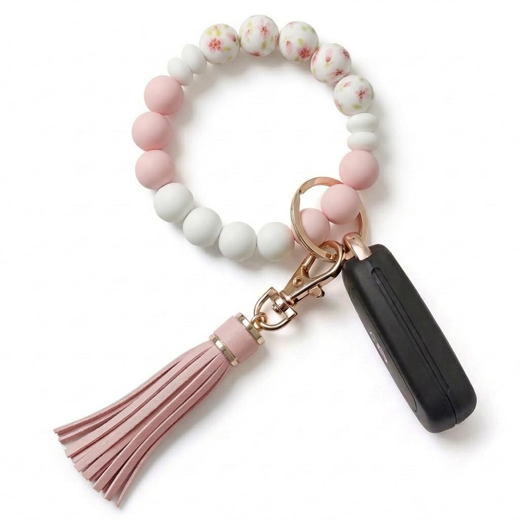 BIHRTC Key Ring Bracelet Car Keychain Holder Wristlet Silicone Women Beaded Bangle Chains