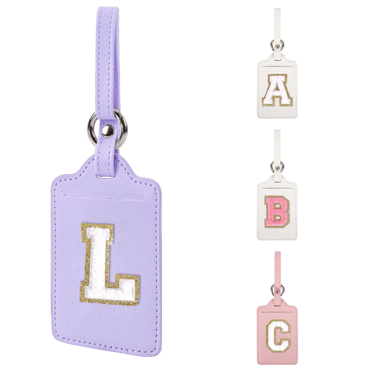 Personalized Initial Luggage Tags for Suitcases, Leather Chenille Letter Cute Luggage Tags with Privacy Name Card, Embroidered Travel Bag Backpack Tag Gifts for Women Kids Girls Teens(Pink-M)